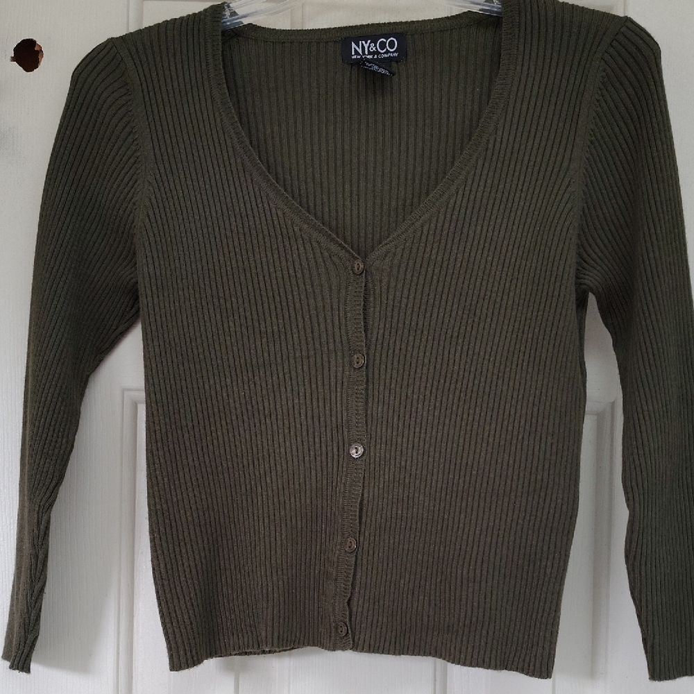 New York & Company Ribbed Olive Cardigan